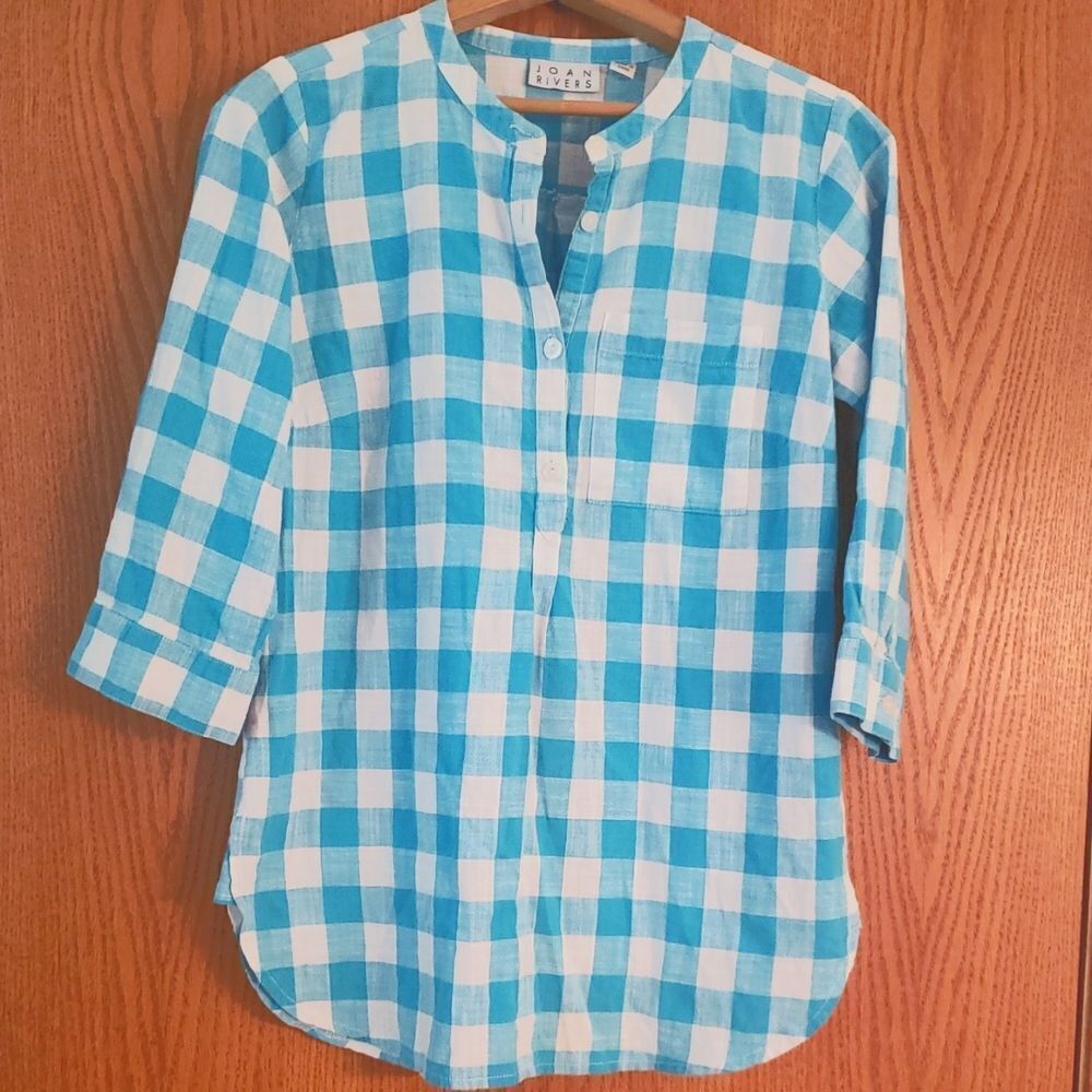 Pretty Checkered Plaid Joan Rivers Linen Button-Down Blouse Sz XXS